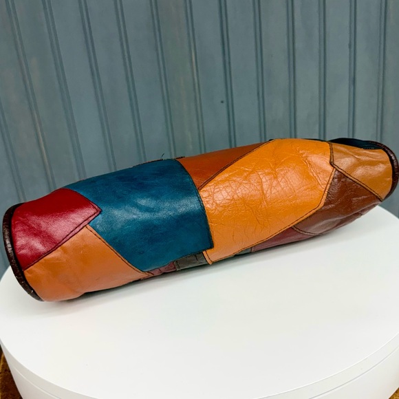 Vintage Leather Patchwork Clutch 70s Boho Western Oversized Clutch Bag Kisslock - Picture 14 of 15